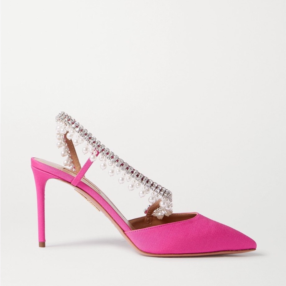New AQUAZZURA Exquisite 85 Crystal And Pearl-Embellished Slingback Pumps